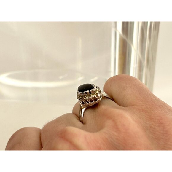 Art Deco Black Onyx & CZ Multi Gemstone Silver Toned Vintage Ring - sz 7 - Picture 9 of 10